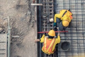 an aerial view of 2 construction workers wearing full PPE on a construction site.