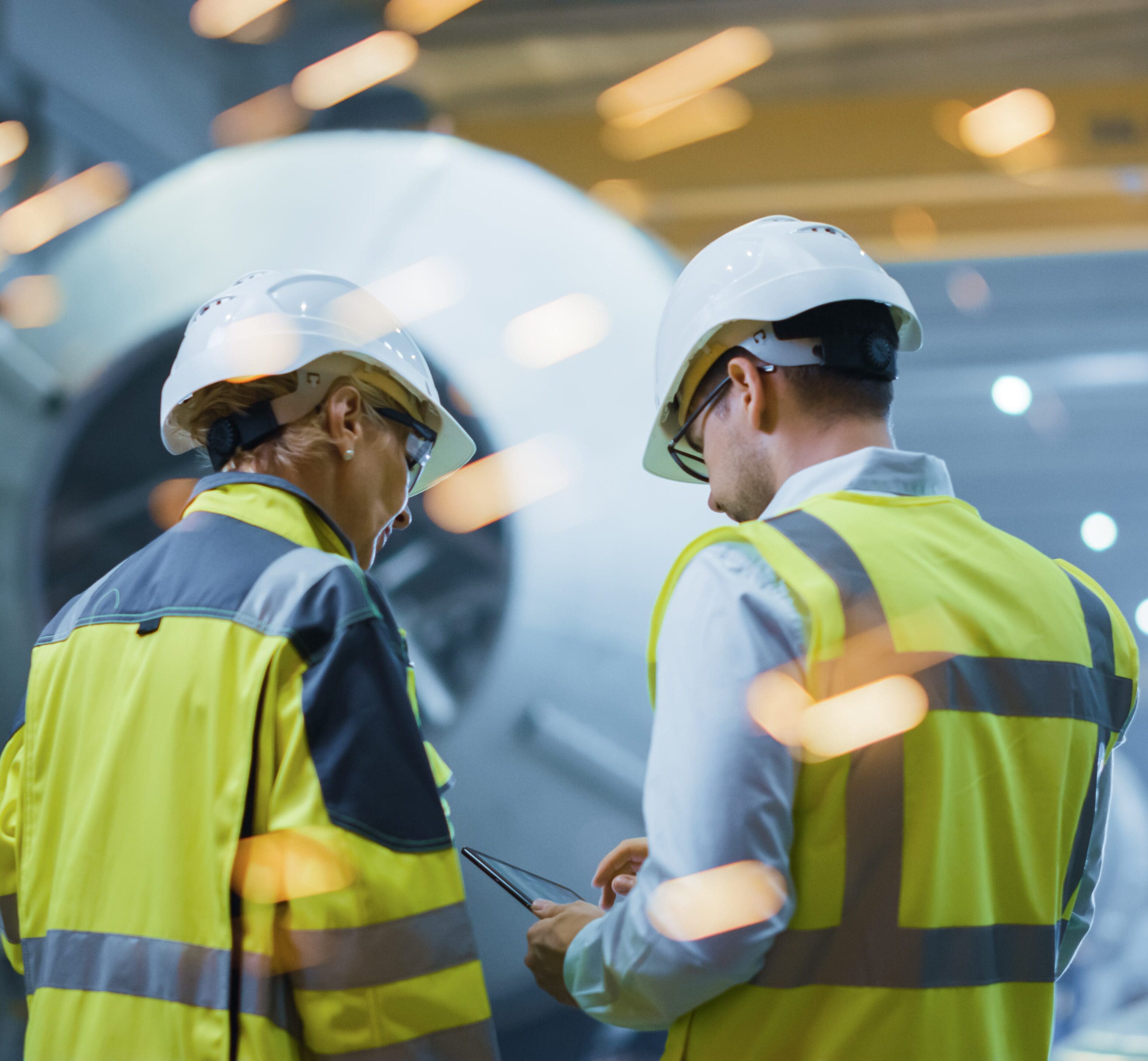 Two engineers in hi-vis jackets and hard hats stand with backs to the camera in a large warehouse.