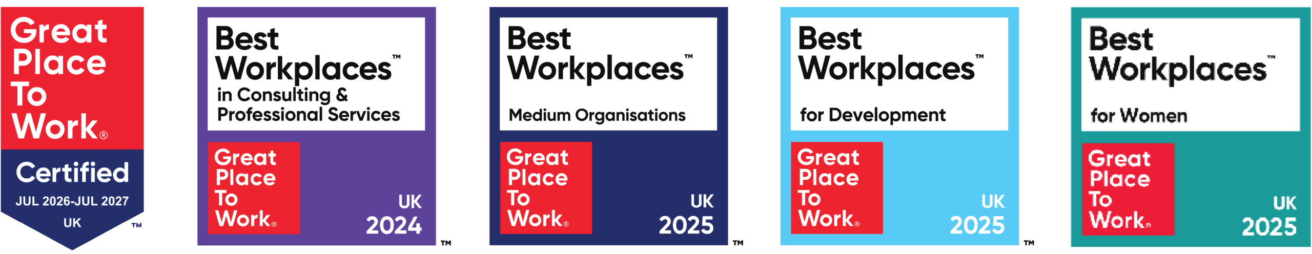 Collection of Great Place to Work and Best Workplaces certification and award badges for 2024 and 2025.