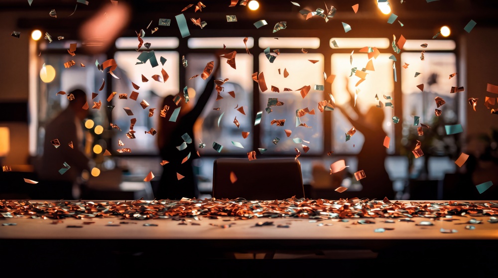 Colourful confetti falling in an office environment with people celebrating in the background.